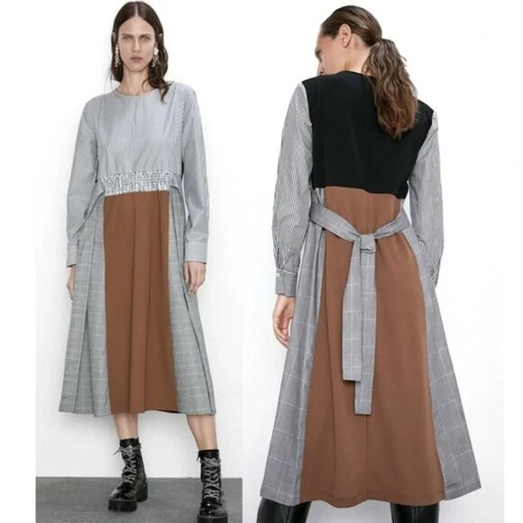 EUC Zara Mixed Media Prairie Core Midi-Dress - Picture 1 of 8